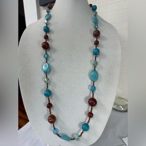 Long blue and brown bead statement necklace